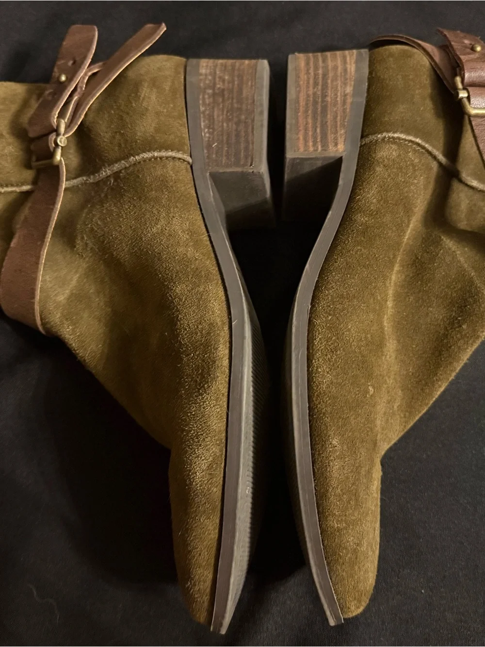 American Rag Brianna Olive Suede Ankle Boots with Brown Strap